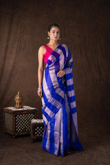 Blue Zari Stripe Moonga Tissue Silk Banarasi Handloom saree