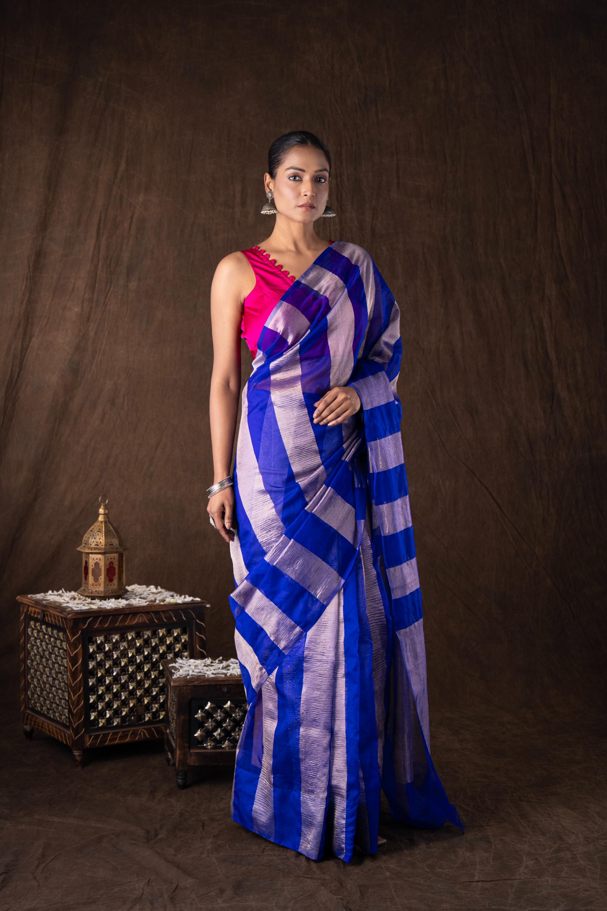 Blue Zari Stripe Moonga Tissue Silk Banarasi Handloom saree