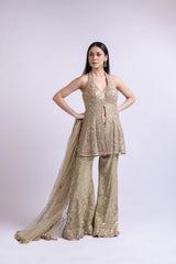 Pista Green Jacquard Short Anarkali with Sharara & Accent Dupatta