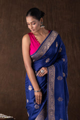 Dark Blue Pure Katan Silk Banarasi Handloom Saree