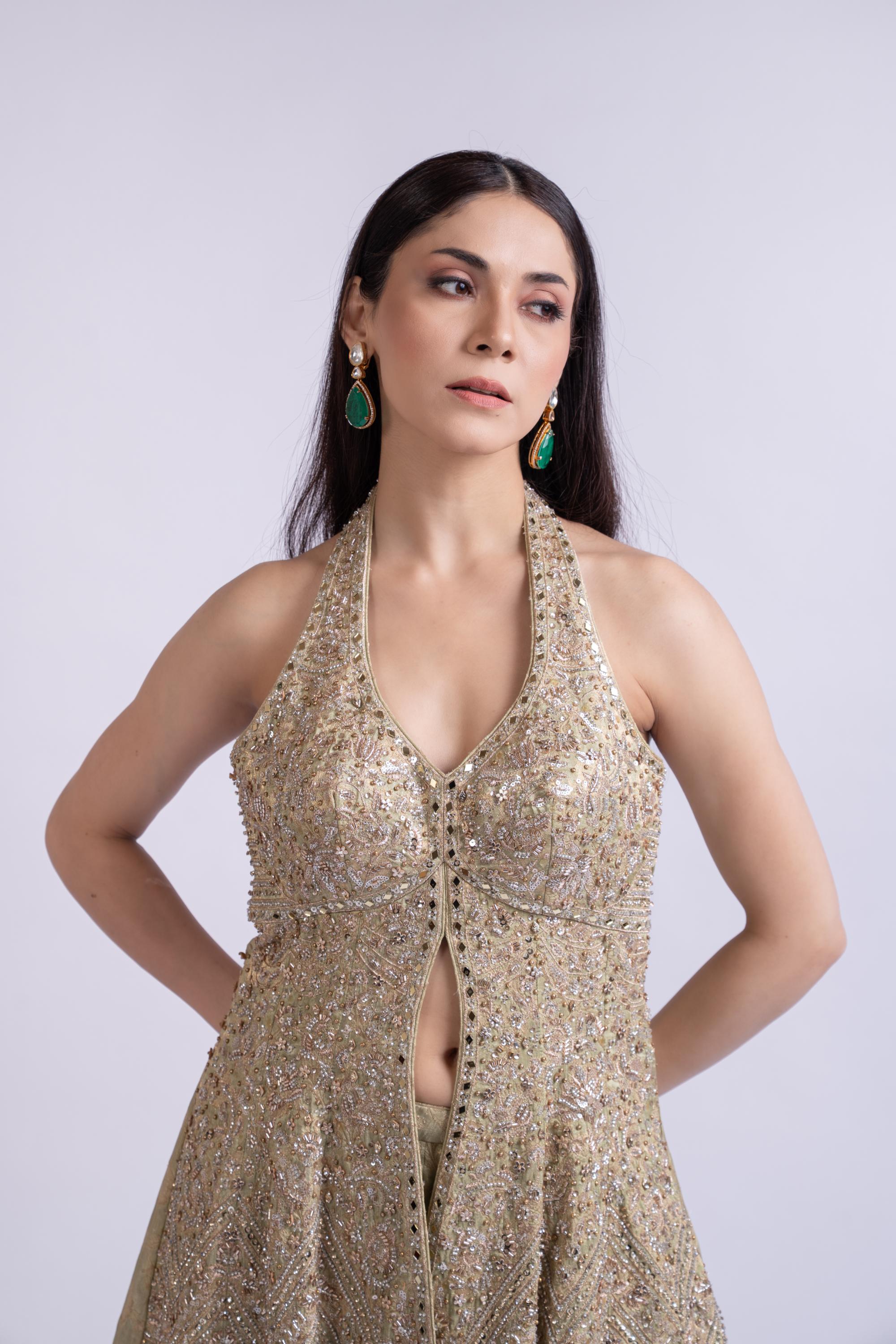 Pista Green Jacquard Short Anarkali with Sharara & Accent Dupatta