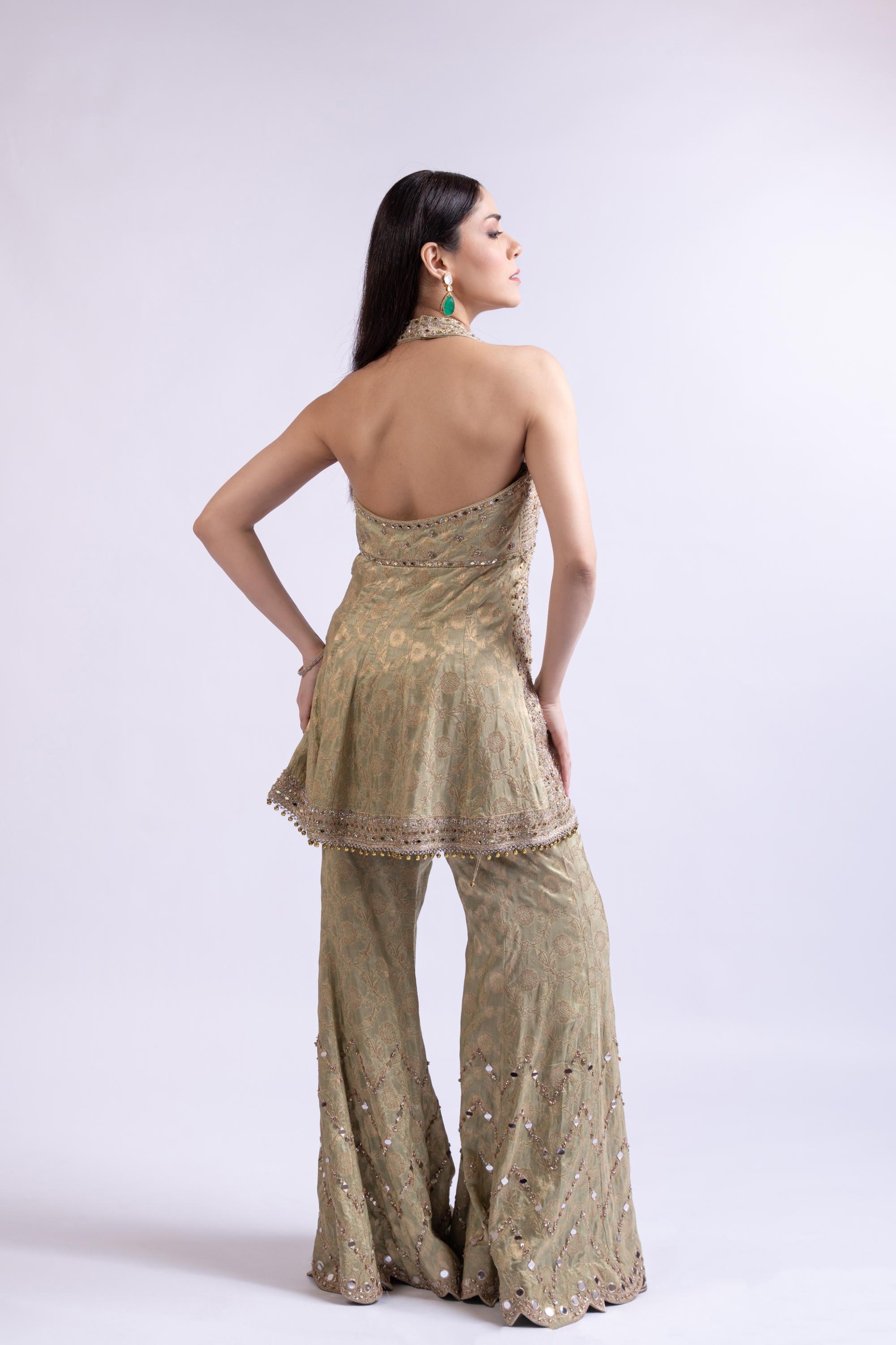 Pista Green Jacquard Short Anarkali with Sharara & Accent Dupatta