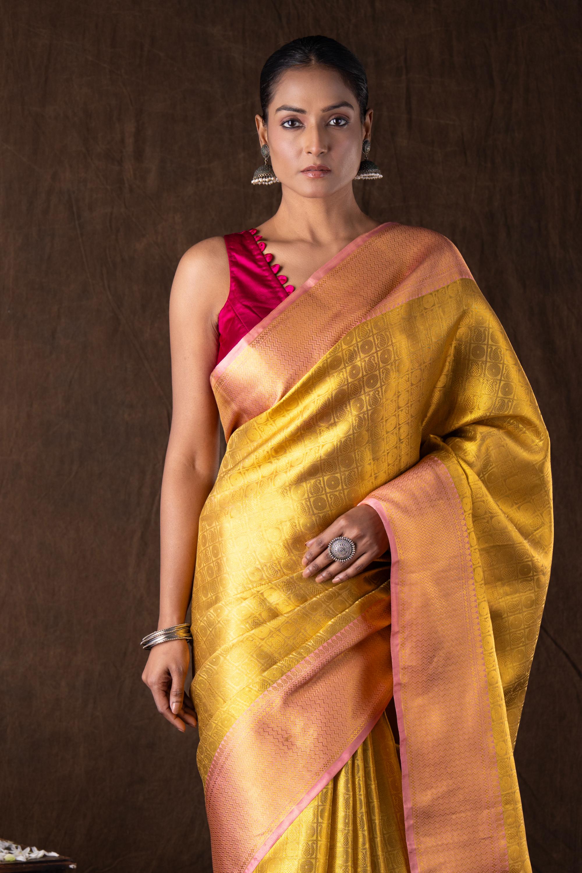 Golden-pink Pure silk brocade Banarasi handloom saree