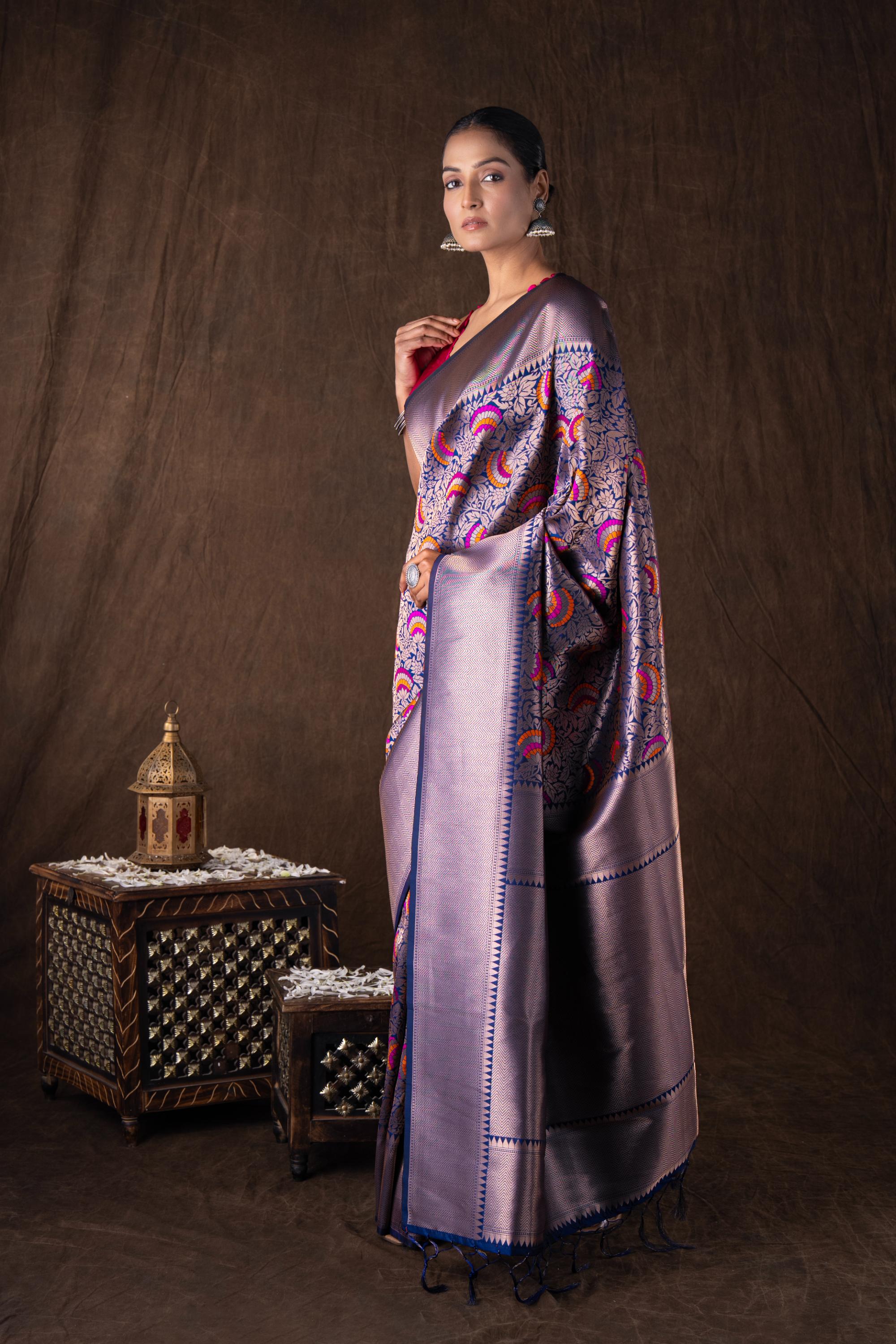 Navy Blue Pure Silk brocade Banarasi Handloom Saree