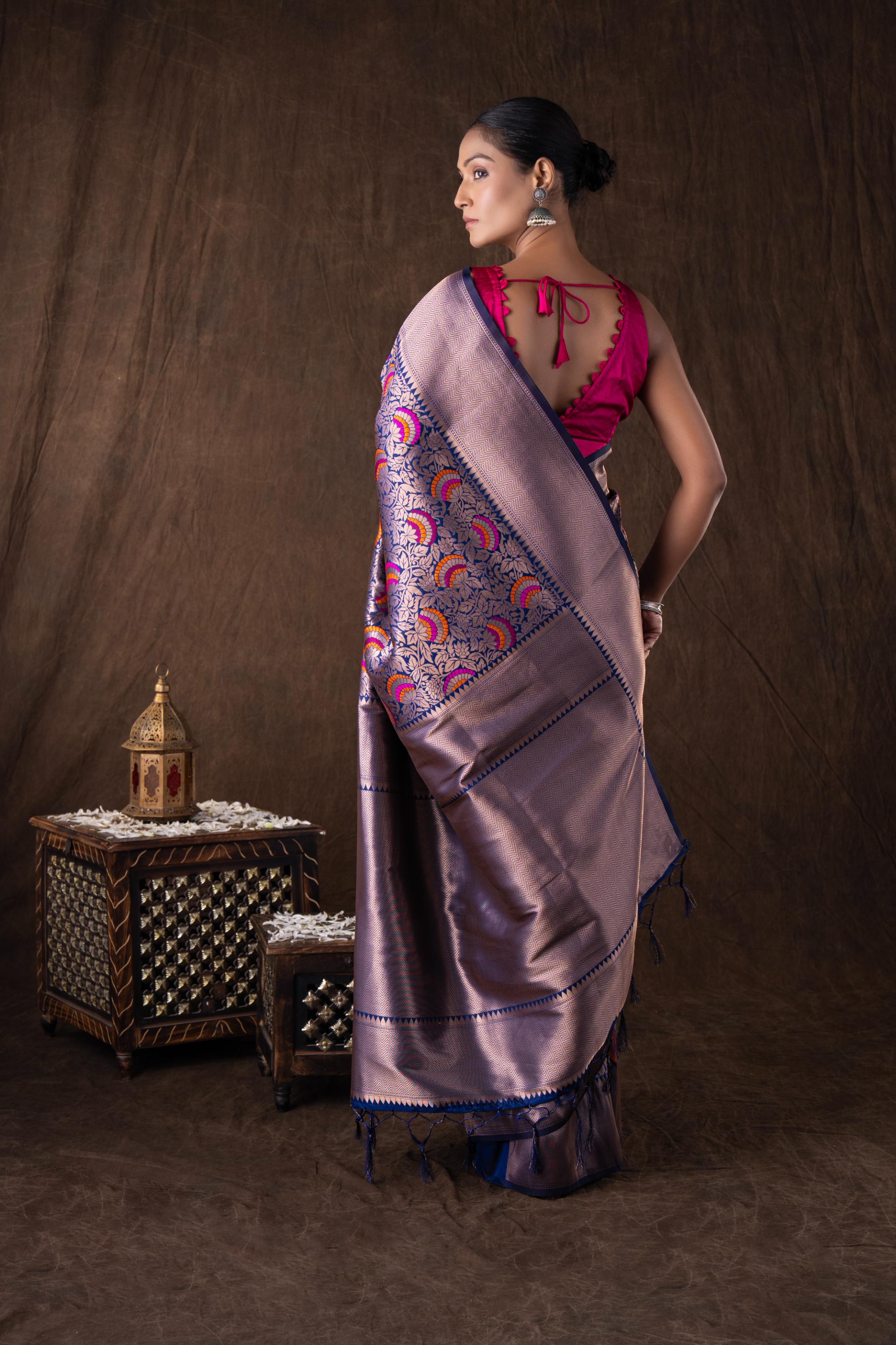 Navy Blue Pure Silk brocade Banarasi Handloom Saree