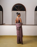 Hand embroidered saree with heavy border and embroidered lotus blouse