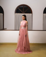 Cold shoulder pleated gown with long sleeves