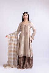 Golden Brown Embroidered Tissue Silk Sharara Set