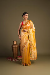 Yellow Pure Tissue Silk Hand Embroidered Banarasi Handloom Saree