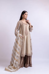 Golden Brown Embroidered Tissue Silk Sharara Set
