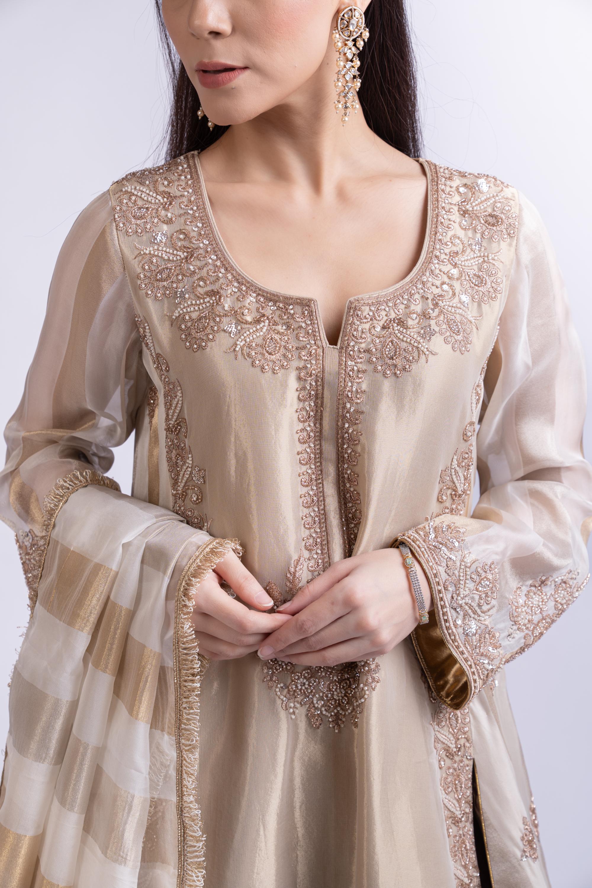 Golden Brown Embroidered Tissue Silk Sharara Set