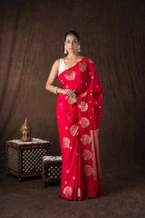 Hot Pink Pure Silk Raw Mango boota zari banarasi handloom saree