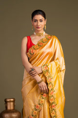 Yellow Pure Tissue Silk Hand Embroidered Banarasi Handloom Saree