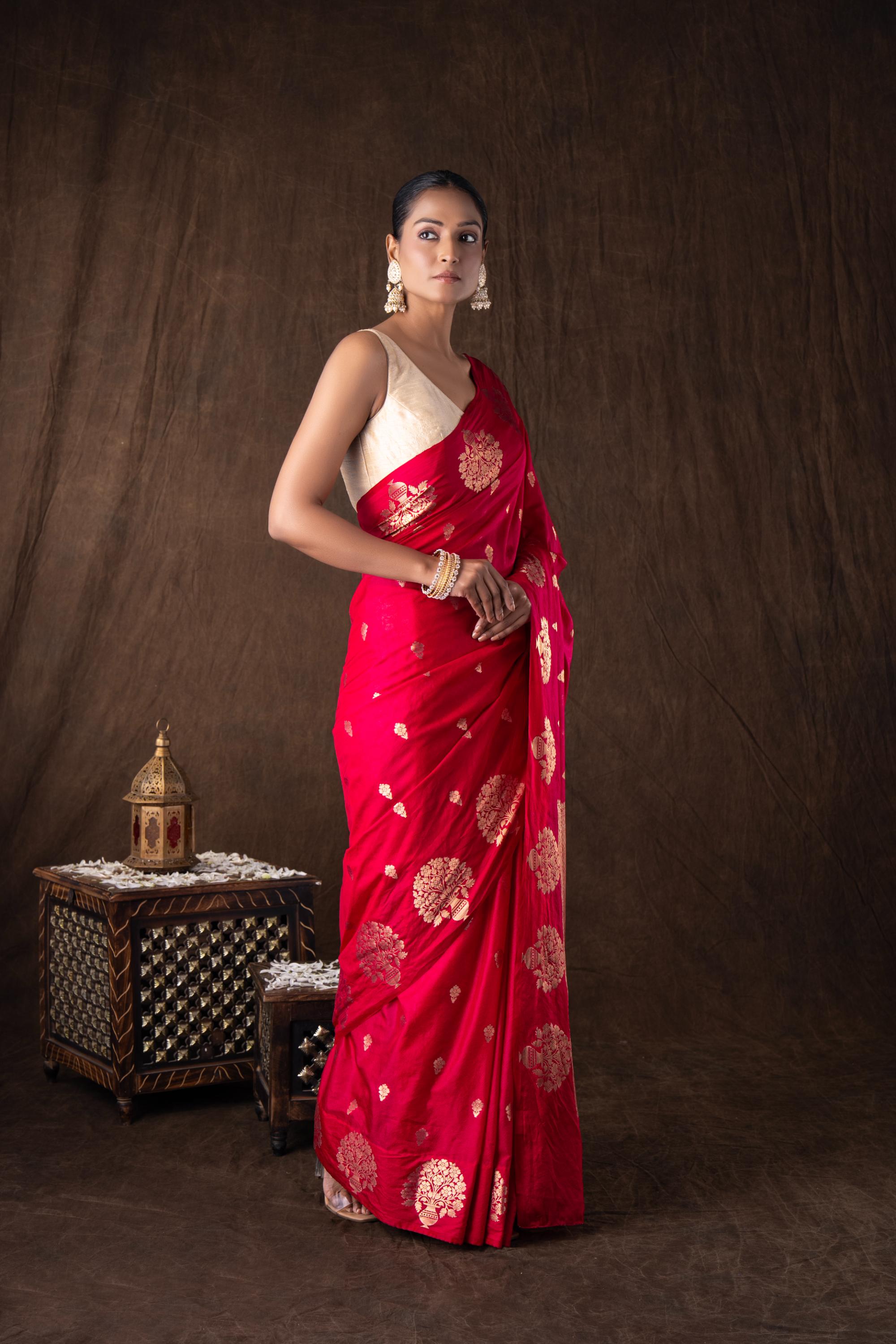 Hot Pink Pure Silk Raw Mango boota zari banarasi handloom saree