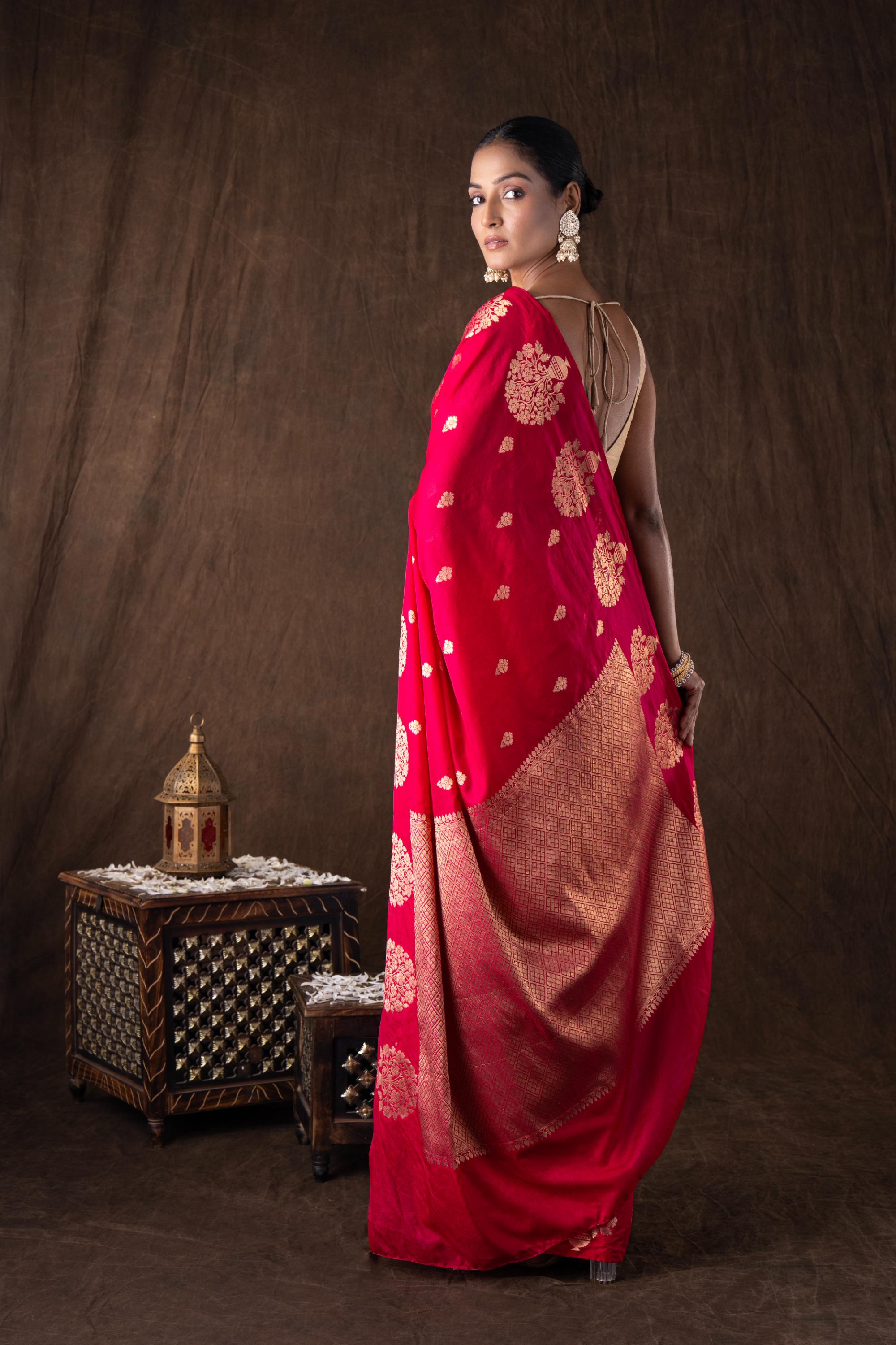 Hot Pink Pure Silk Raw Mango boota zari banarasi handloom saree