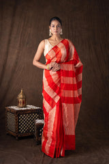 Red Zari Stripe Moonga Tissue Silk Banarasi Handloom saree