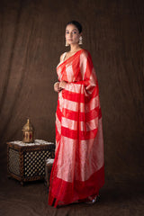 Red Zari Stripe Moonga Tissue Silk Banarasi Handloom saree