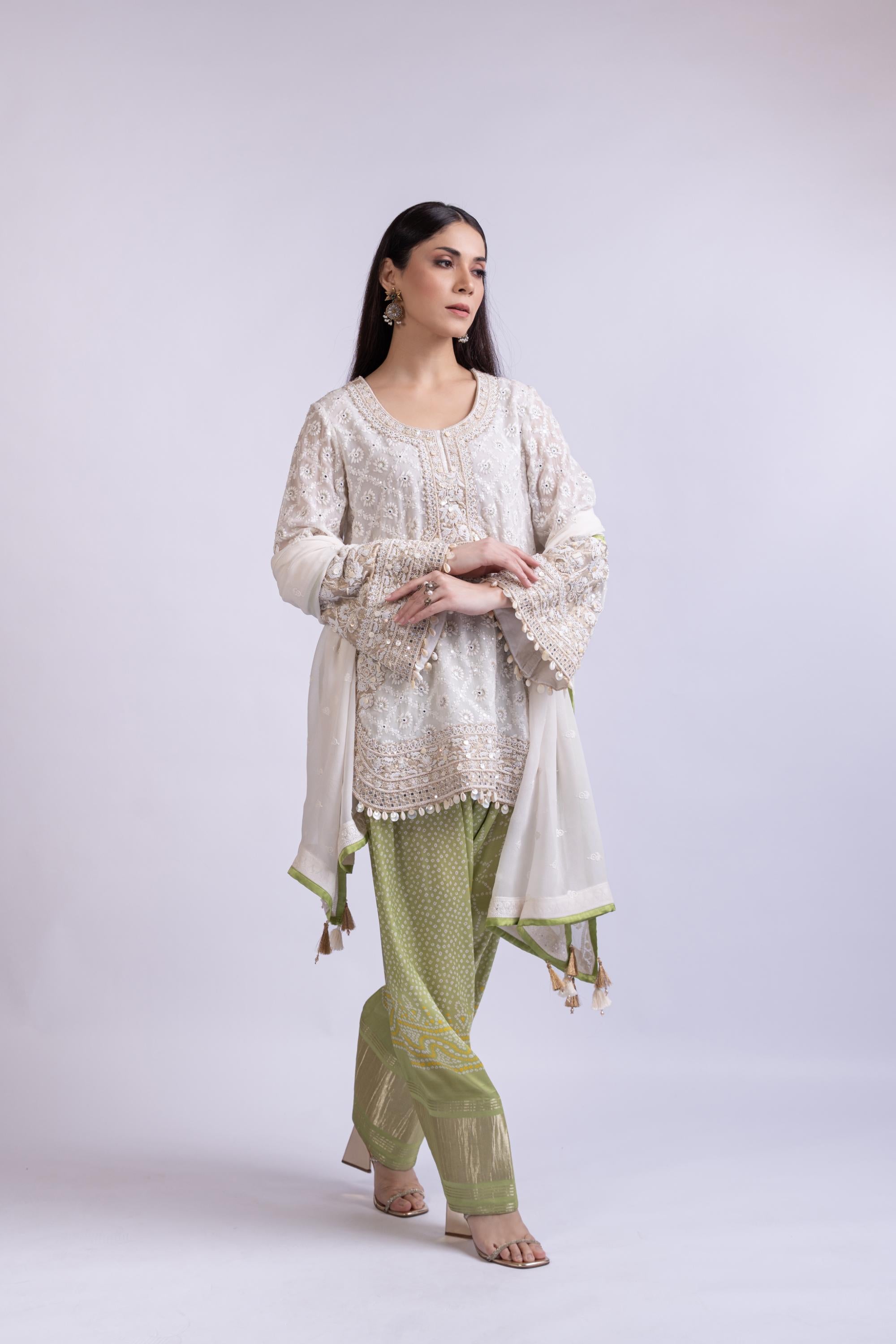 Ivory Chikankari Kurta Set Paired with Bandhani Salwar & Dupatta