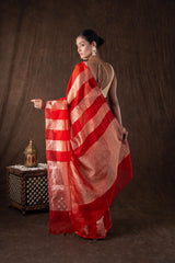Red Zari Stripe Moonga Tissue Silk Banarasi Handloom saree