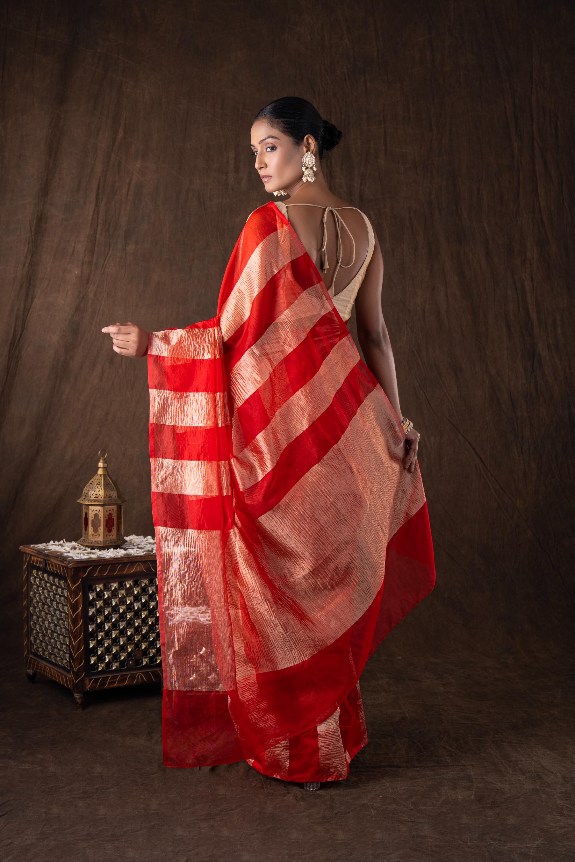 Red Zari Stripe Moonga Tissue Silk Banarasi Handloom saree