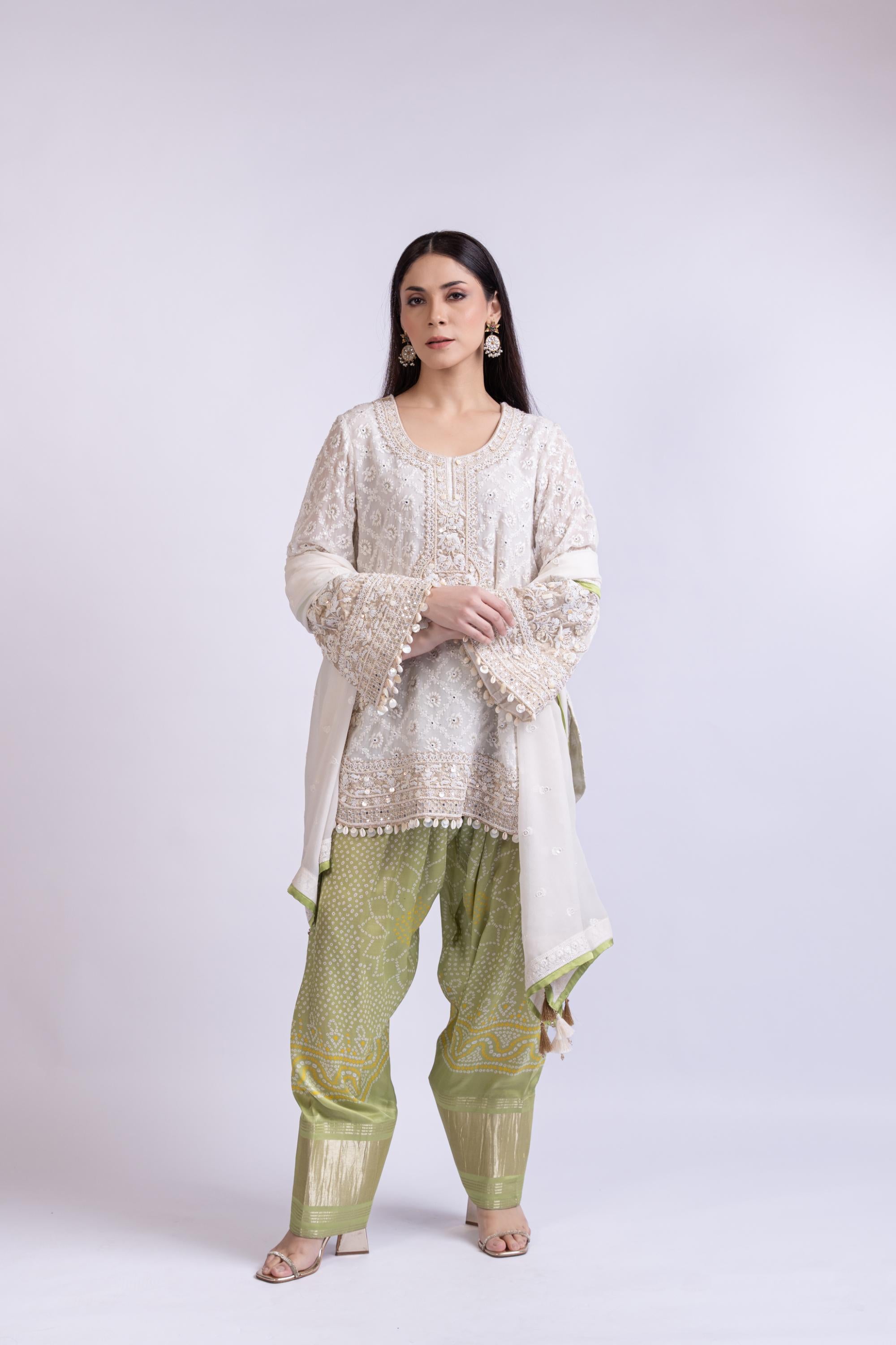 Ivory Chikankari Kurta Set Paired with Bandhani Salwar & Dupatta