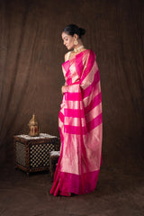 Pink Zari Stripe Moonga Tissue Silk Banarasi Handloom saree