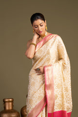 White-pink Pure Silk Zari Banarasi Handloom Saree?