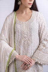Ivory Chikankari Kurta Set Paired with Bandhani Salwar & Dupatta