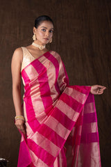 Pink Zari Stripe Moonga Tissue Silk Banarasi Handloom saree