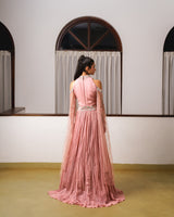 Cold shoulder pleated gown with long sleeves