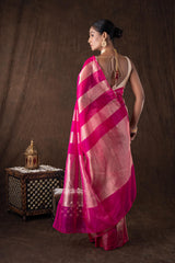 Pink Zari Stripe Moonga Tissue Silk Banarasi Handloom saree