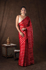 Red Pure Chanderi Silver Stripe Banarasi Handloom Saree