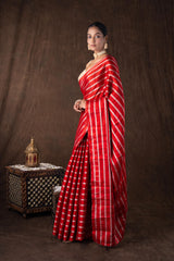 Red Pure Chanderi Silver Stripe Banarasi Handloom Saree