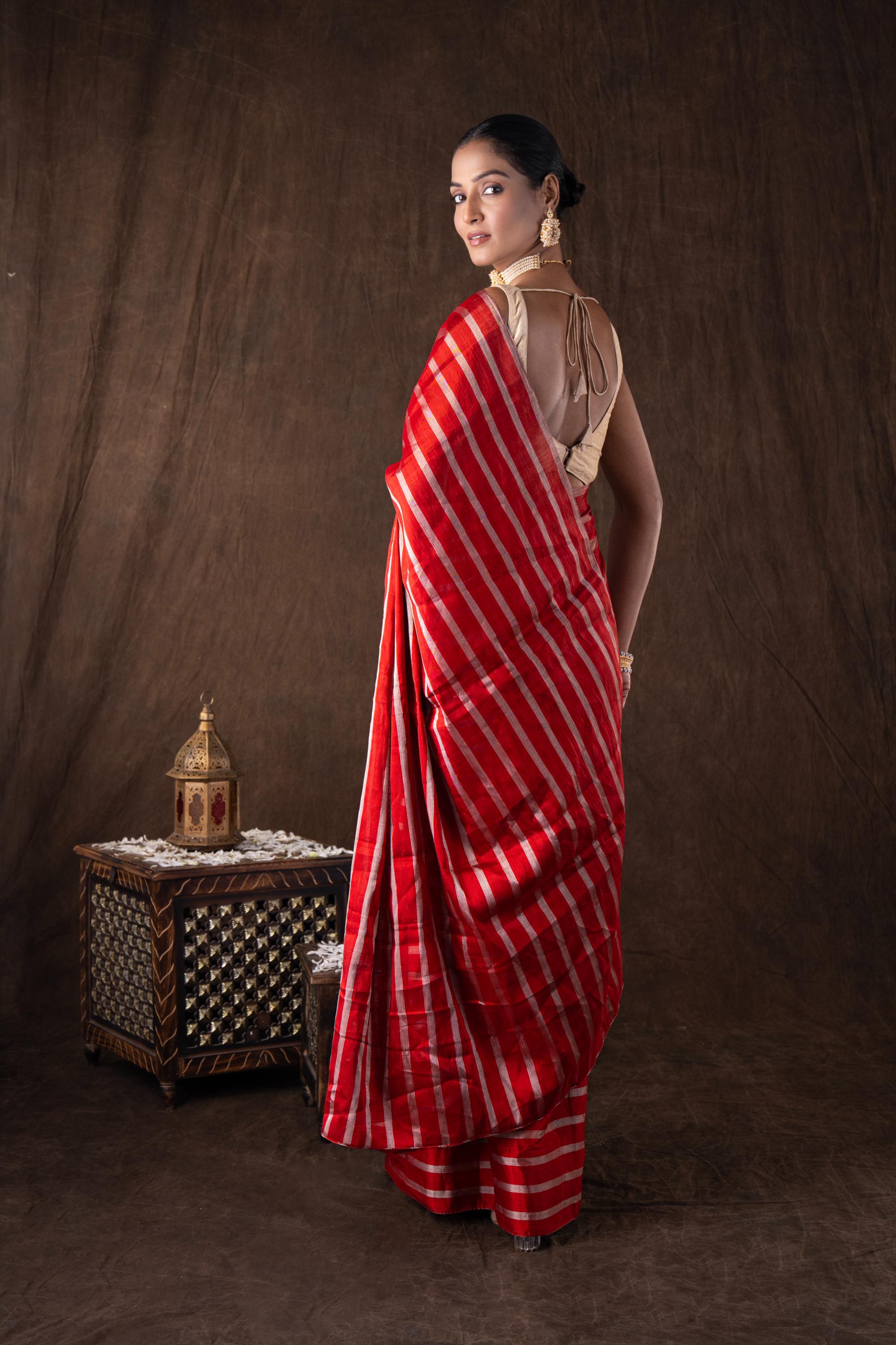 Red Pure Chanderi Silver Stripe Banarasi Handloom Saree