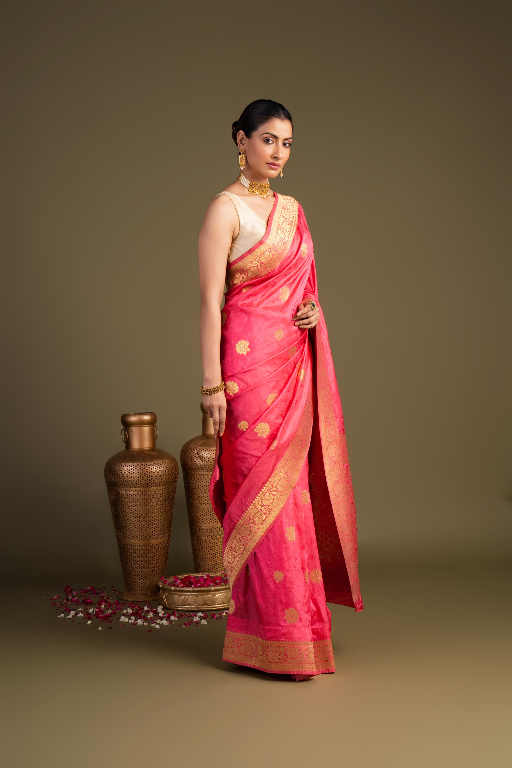 Peach Pink Pure Silk Banarasi Handloom Saree