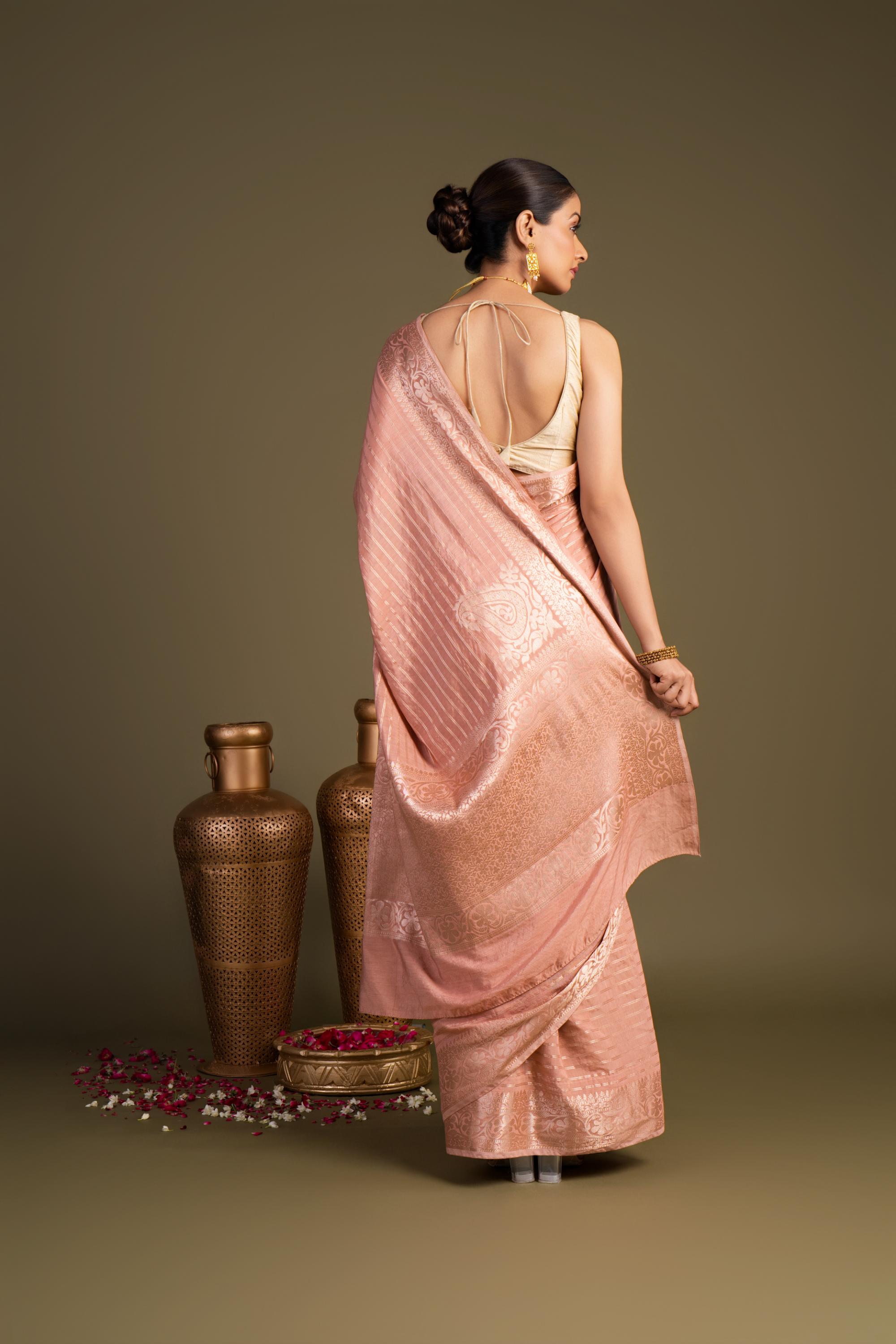 Rose Pink Pure Monga silk Banarasi Handloom Saree