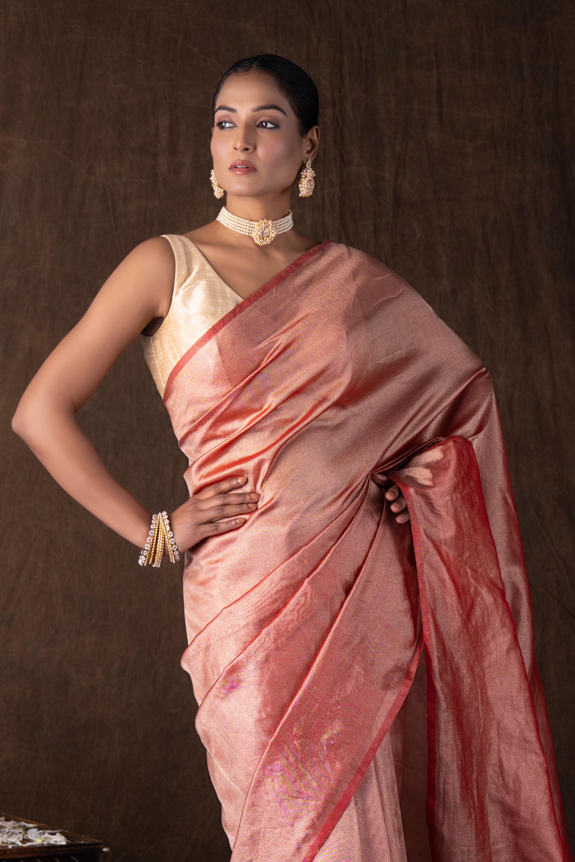 Red pure Tissue Plain Banarsi Handloom Saree