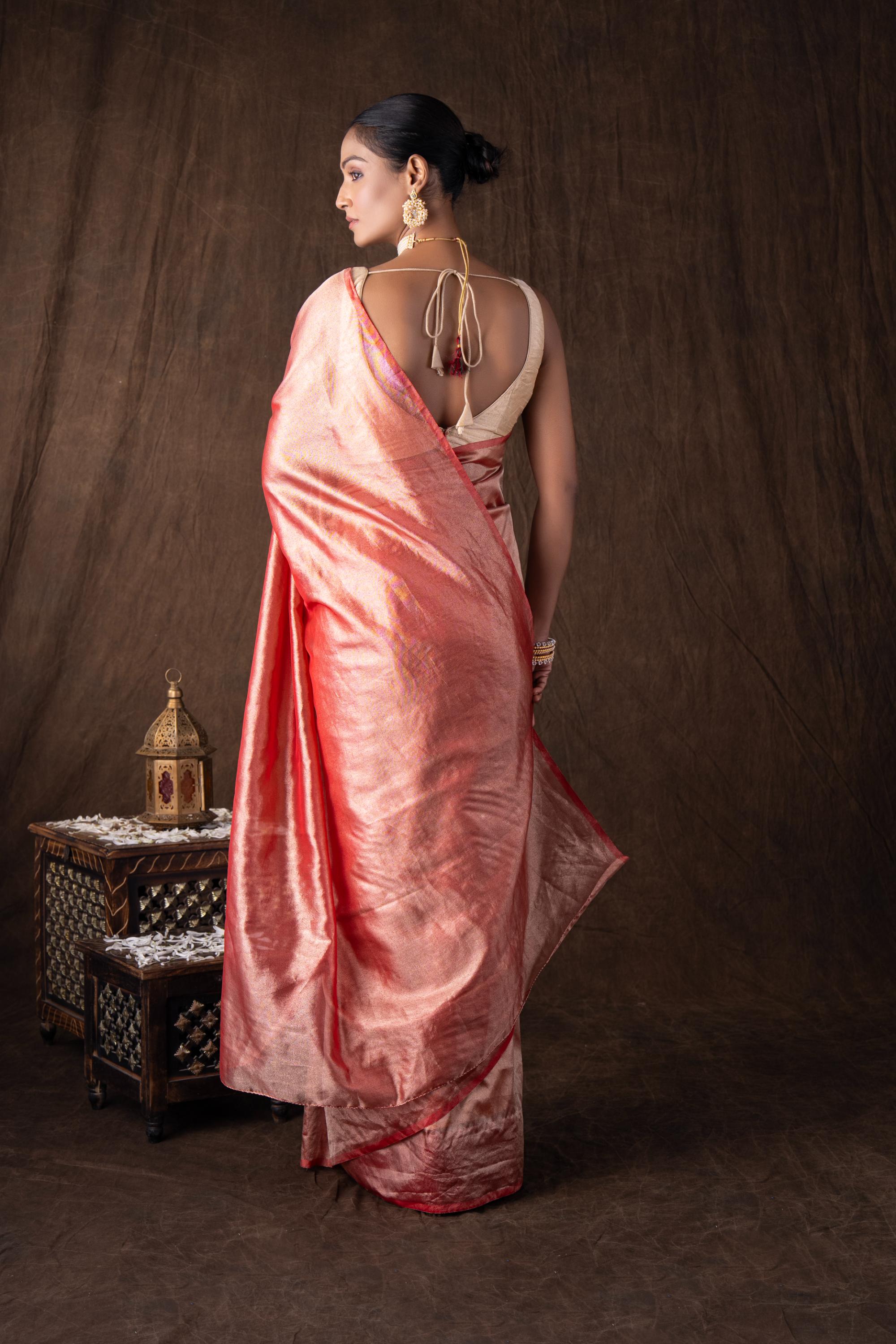 Red pure Tissue Plain Banarsi Handloom Saree