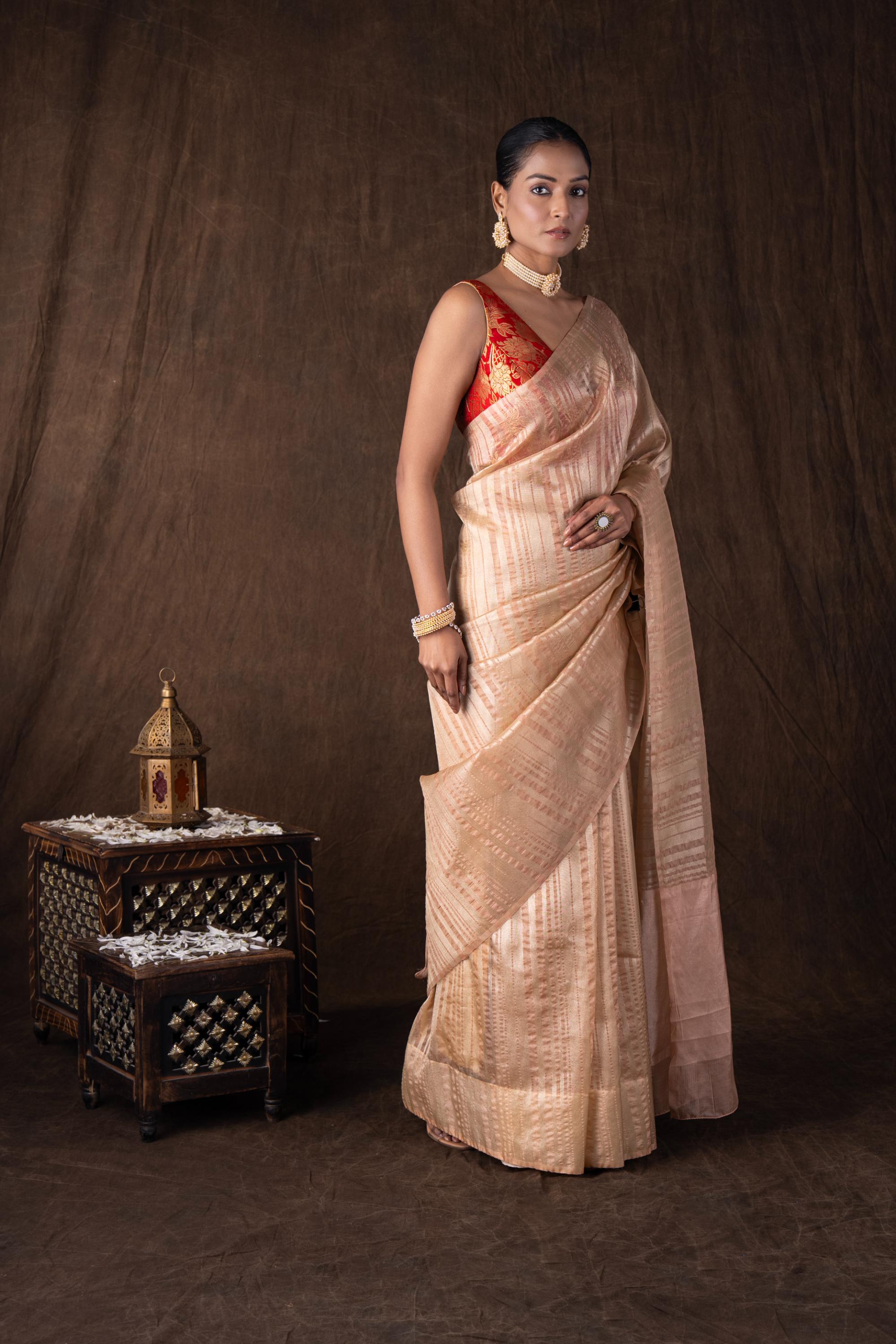 Peach Copper Lining Tissue silk Banarasi handloom Saree