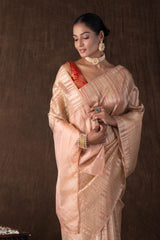 Peach Copper Lining Tissue silk Banarasi handloom Saree