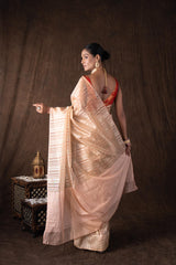 Peach Copper Lining Tissue silk Banarasi handloom Saree