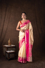 Cream Pink Pure Silk brocade banarasi handloom Saree