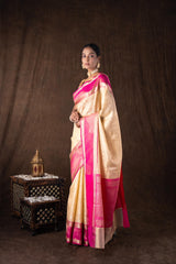 Cream Pink Pure Silk brocade banarasi handloom Saree