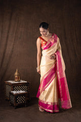 Cream Pink Pure Silk brocade banarasi handloom Saree