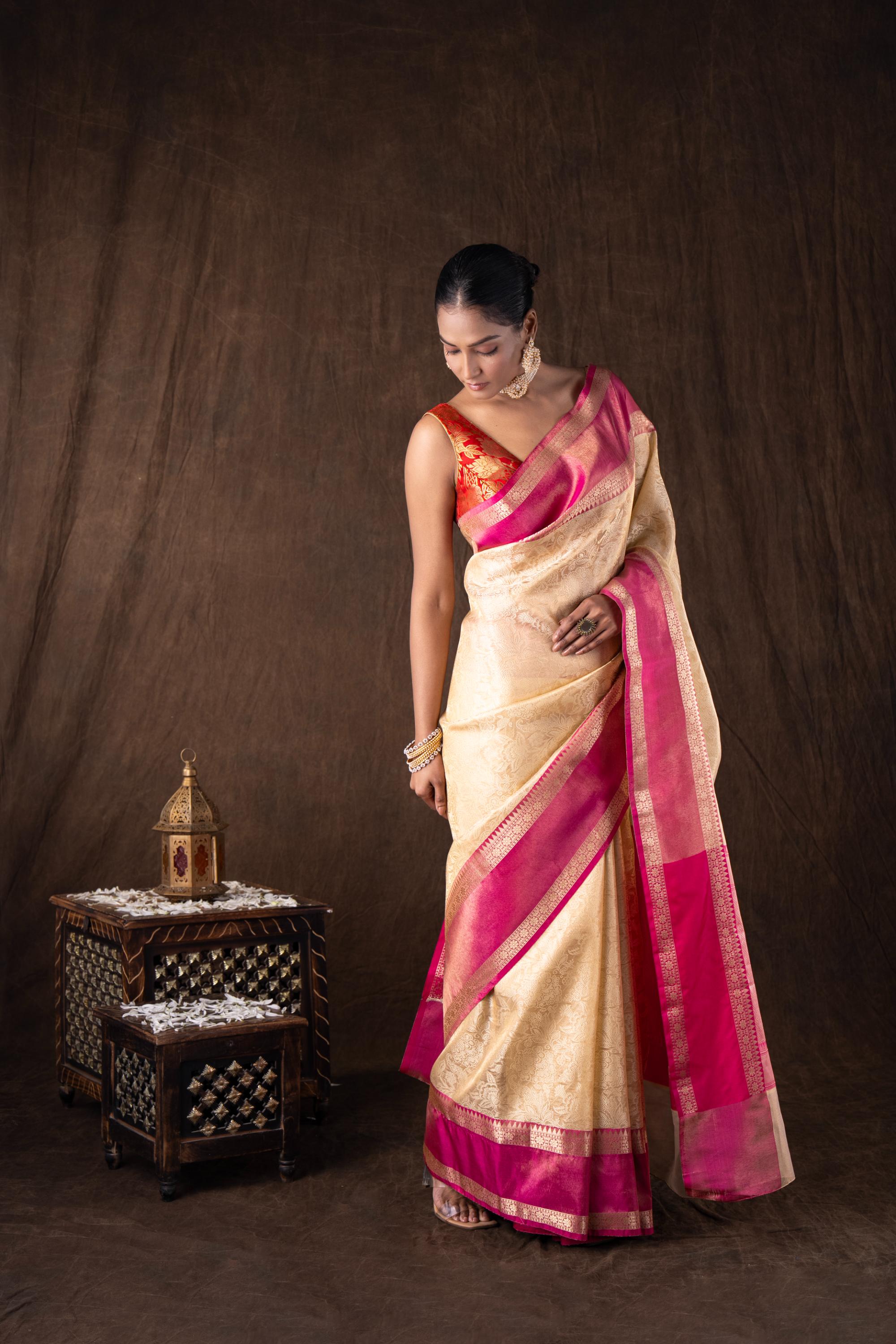 Cream Pink Pure Silk brocade banarasi handloom Saree