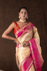 Cream Pink Pure Silk brocade banarasi handloom Saree