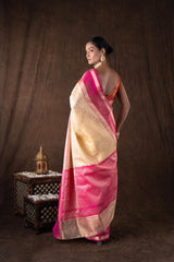 Cream Pink Pure Silk brocade banarasi handloom Saree