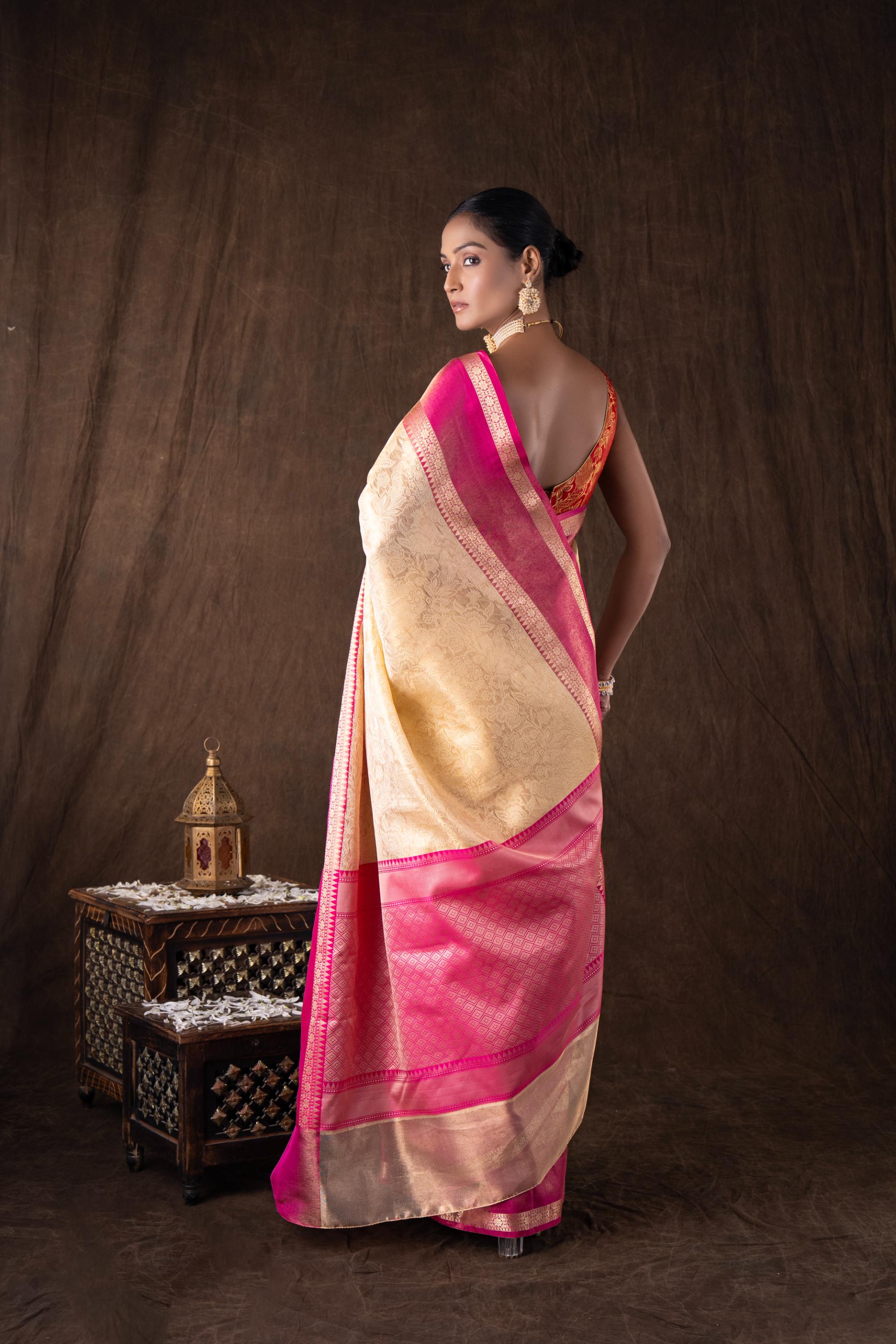 Cream Pink Pure Silk brocade banarasi handloom Saree