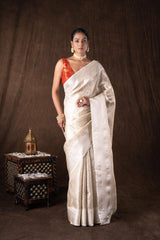 White Pure Katan Silk Brocade Banarasi Handloom Saree