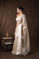 White Pure Katan Silk Brocade Banarasi Handloom Saree